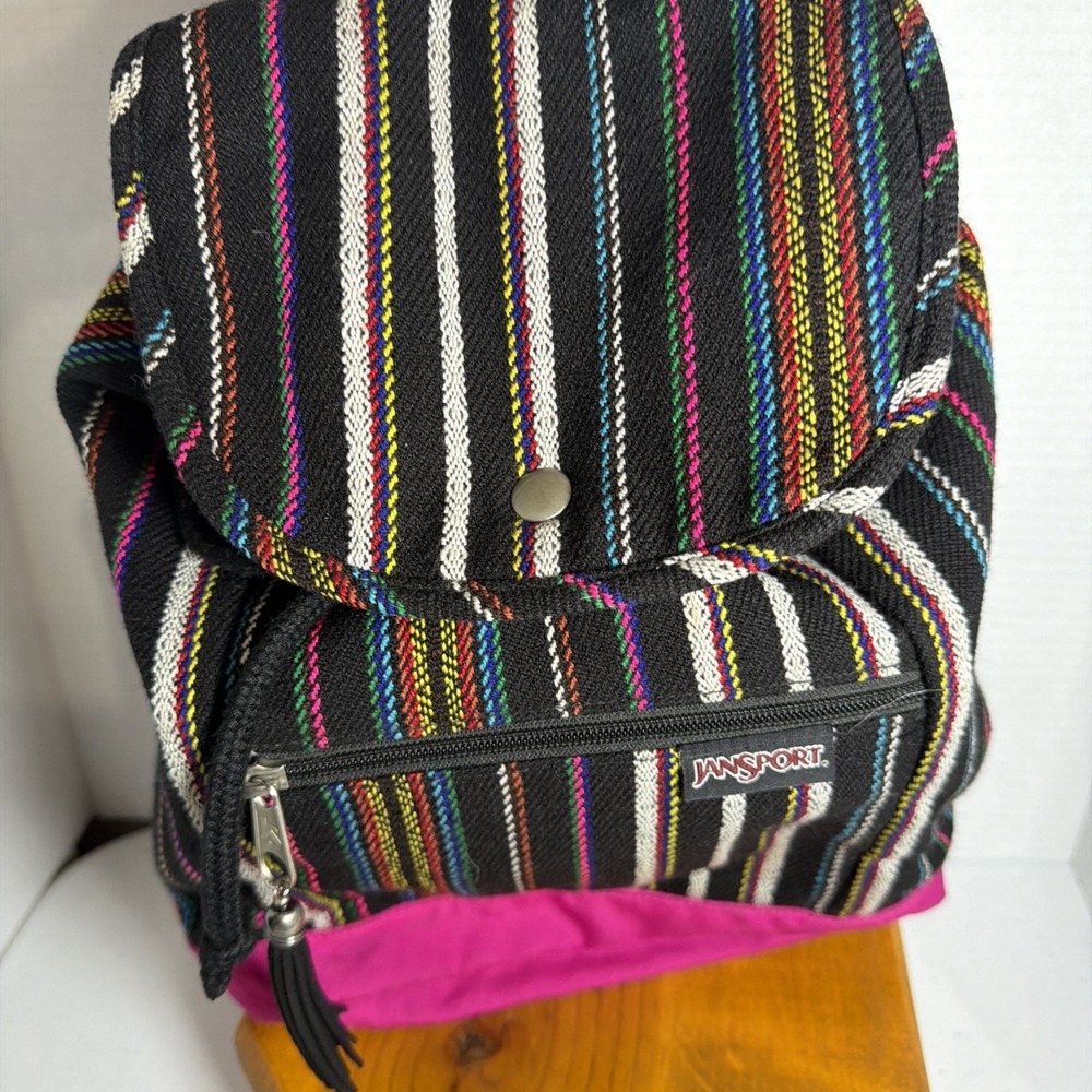 JanSport Serape Backpack Black Multicolor Striped Boho Aztec Pink‎ Bottom Tassel